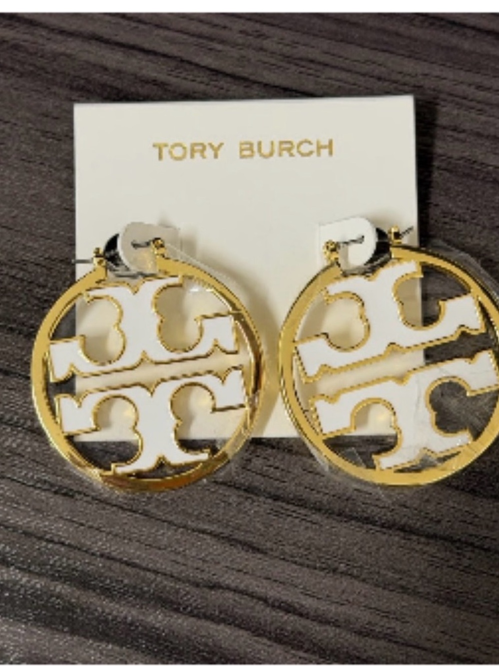 Tory Burch Gold and White Logo Hoop Earrings